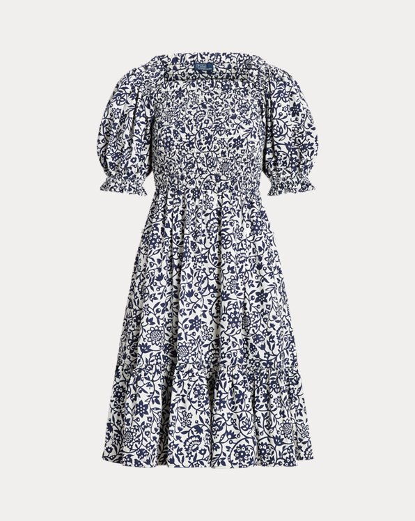 Floral Blouson-Sleeve Cotton Dress