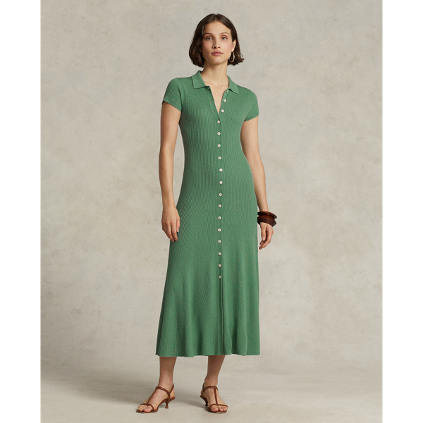 Rib-Knit Merino Wool Polo Sweater Dress