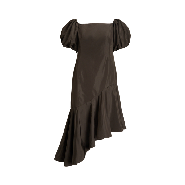 Vestido de noite assimétrico com folhos