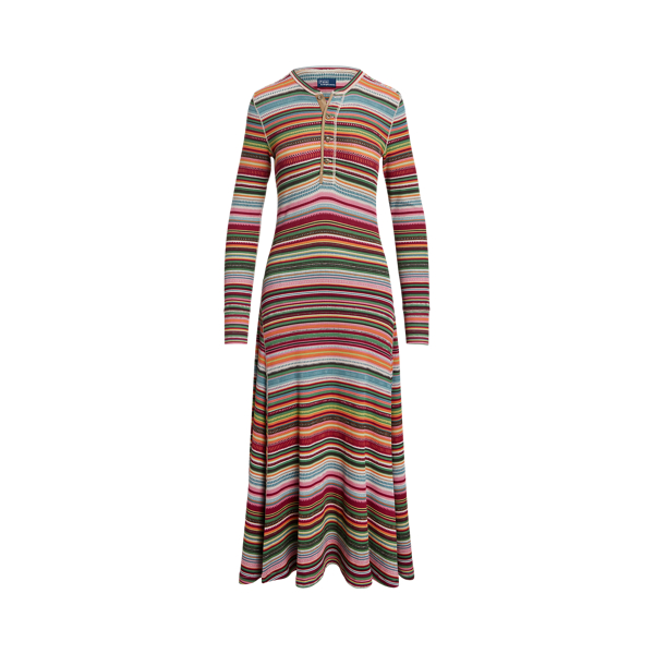 Striped Waffle-Knit Henley Dress