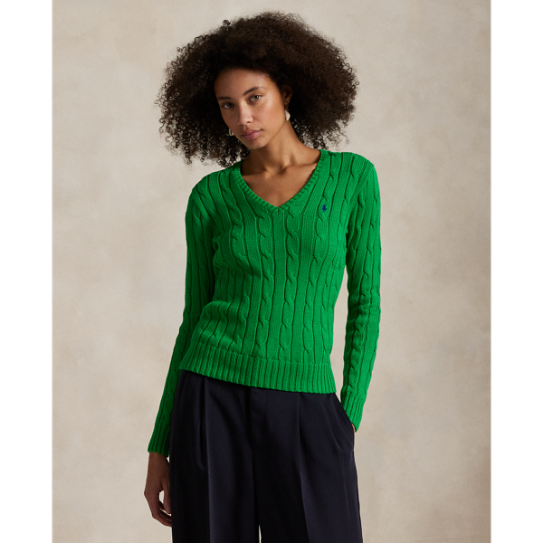 Crafted with combed cotton for a soft hand, this essential V-neck jumper is defined by a cable-knit construct and slim-fitting silhouette. Our embroidered Pony on the chest lends a signature finish.