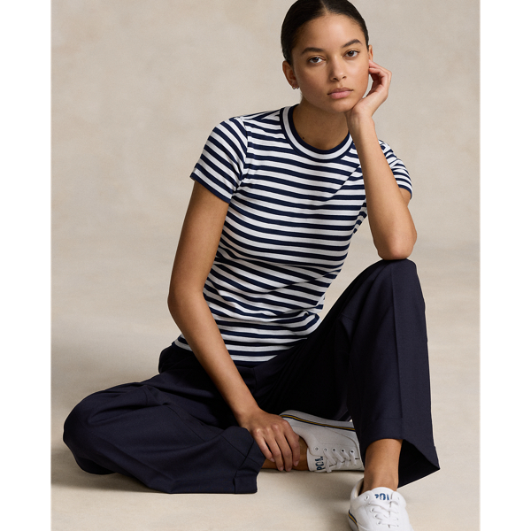 This striped cotton T-shirt merges a rib-knit construction with a slim, body-skimming fit.