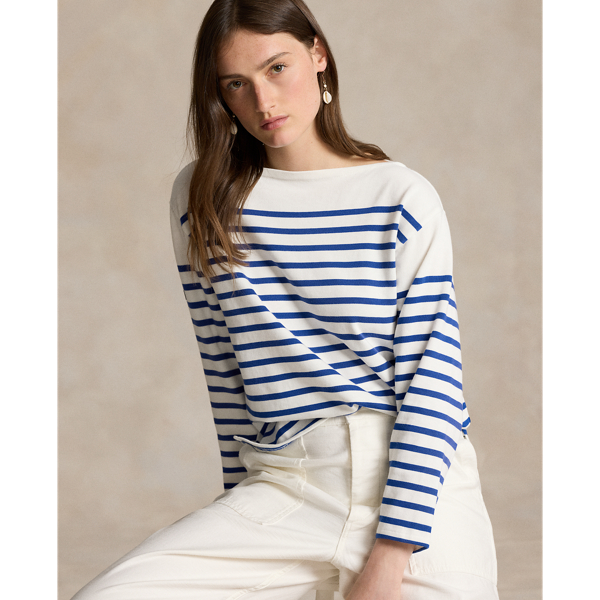 This nautical-inspired mariner tee unites thin horizontal stripes with a boat neckline and our "Polo  Ralph Lauren Lauren & Co." woven label.