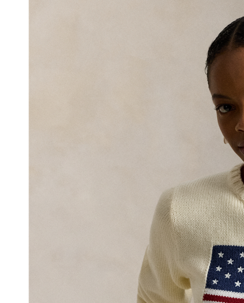 Made in the USA, The Iconic American Flag Jumper from Polo  Ralph Lauren Lauren embodies Mr Lauren's long-standing love of American style. This version is crafted with roving cotton for a textured surface and features an intarsia-knit flag motif with 13 embroidered stars.