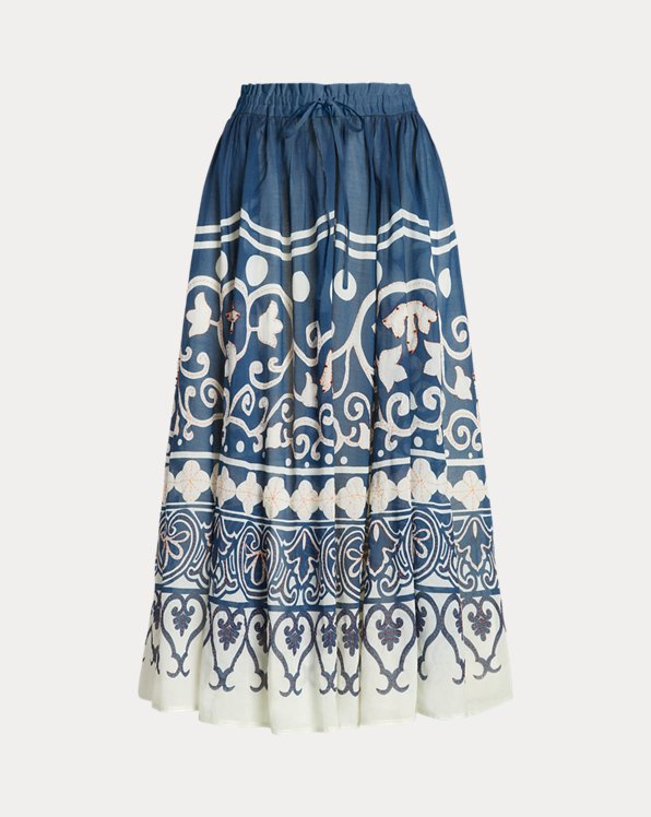 Print Beaded Voile A-Line Skirt