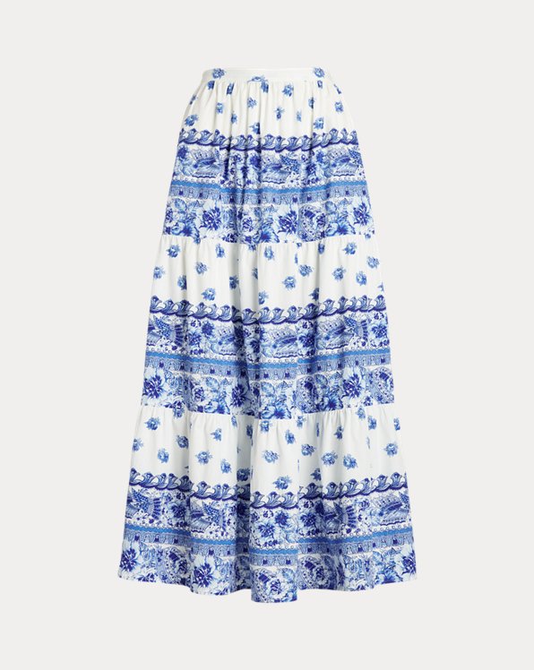 Floral-Stripe Tiered Cotton Skirt