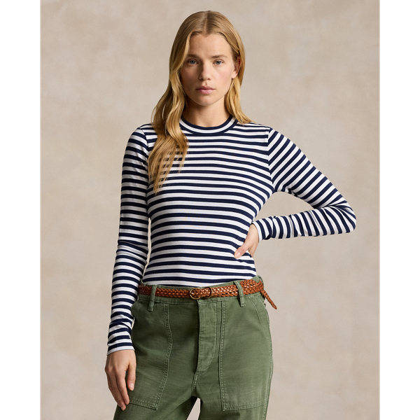 This rib-knit crewneck tee is knit with yarn-dyed stripes and a touch of stretch for a figure-skimming fit.