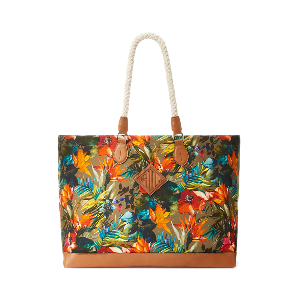Leather-Trim Floral Canvas Tote