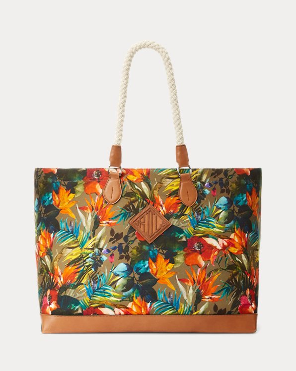 Leather-Trim Floral Canvas Tote
