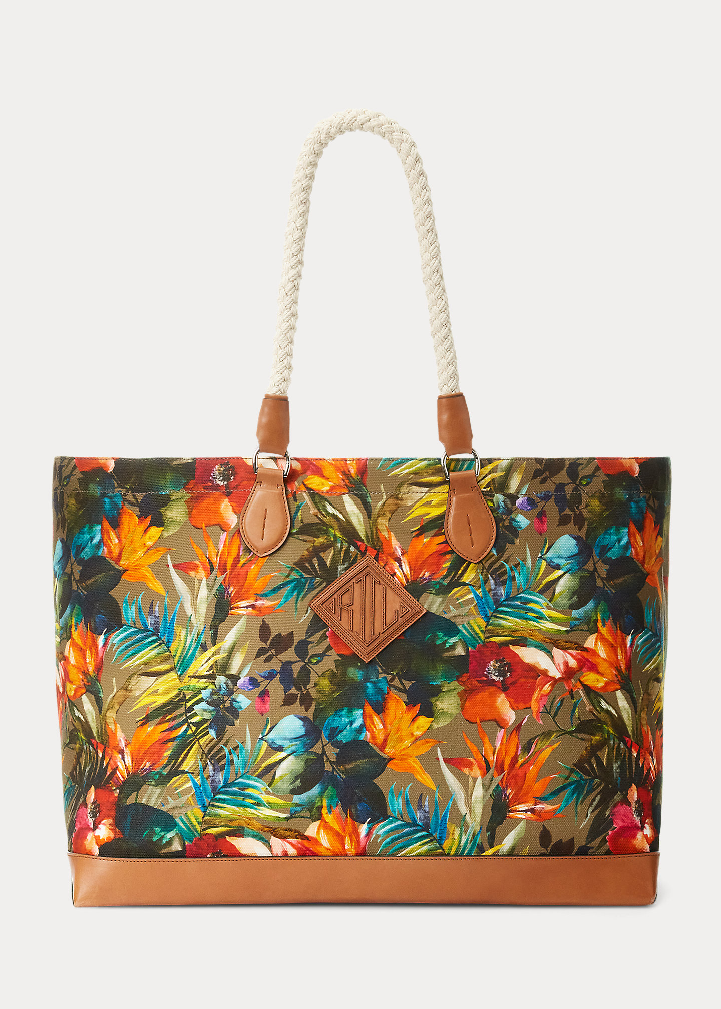 Leather-Trim Floral Canvas Tote