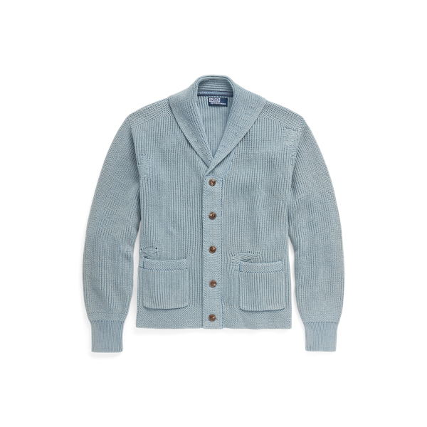 Distressed Indigo Cotton Shawl Cardigan