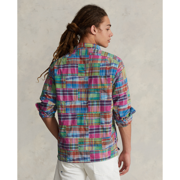 Ralph Lauren Classic Fit Patchwork Long Sleeve Cotton Check Shirt, Men's Size L cotton blue type Vintage Second Hand