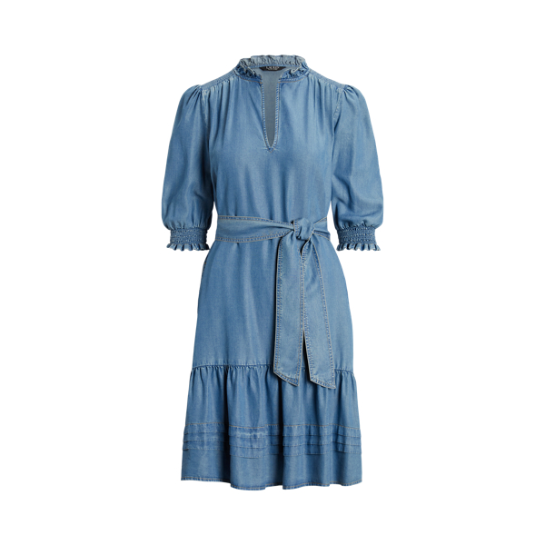 Vestido denim de mangas de balão e cinto