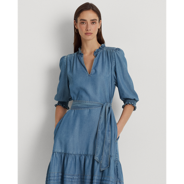 Vertbaudet Jeanskleid Für Mädchen Mit Volant-Details & Gürtel - Denim Kleid Mit Langen Ärmeln