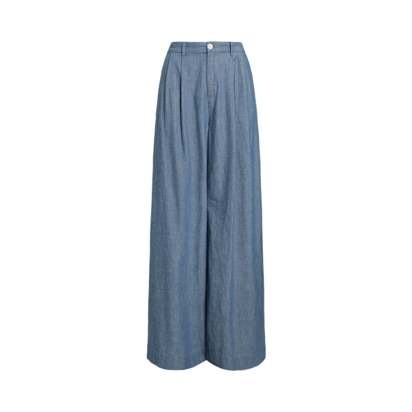 Calças largas de chambray com pregas
