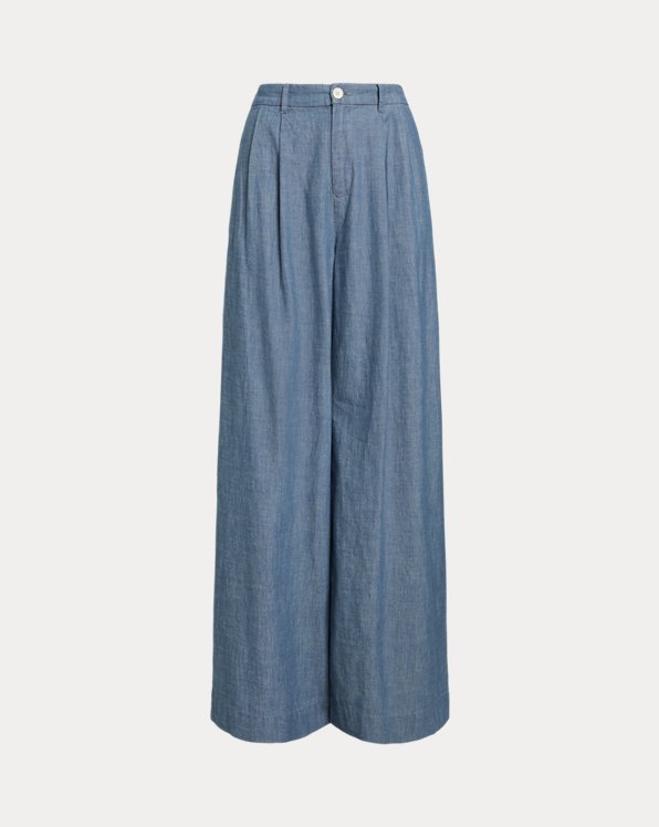 Pleated Chambray Wide-Leg Trouser