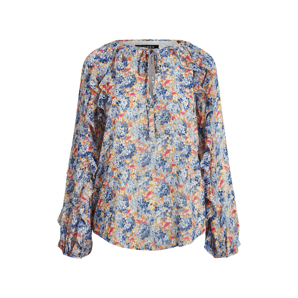 Floral Crinkle Georgette Tie-Neck Blouse