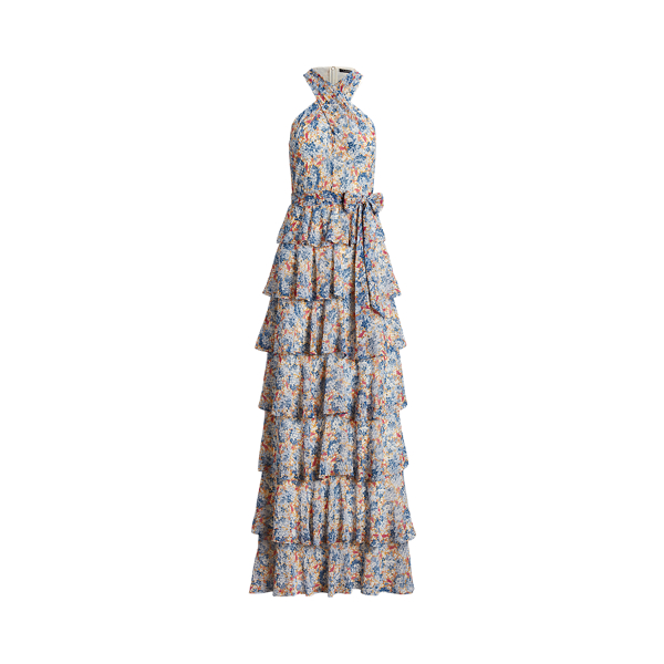 Vestido noite georgette plissado floral
