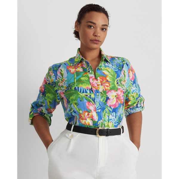 Ralph Lauren Blue Madras Check Linen Shirt with Painted Florals L