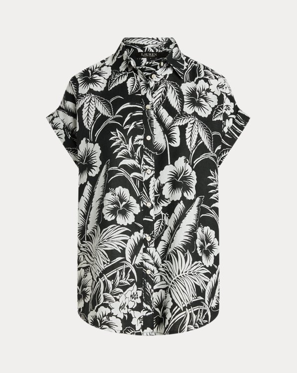 Camisa de manga curta de linho floral