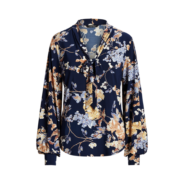 Top malha elástica floral laço pescoço