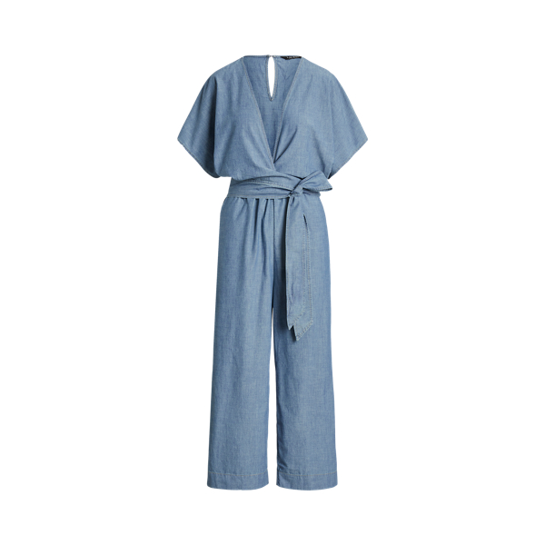 Macacão cruzado com cinto em chambray