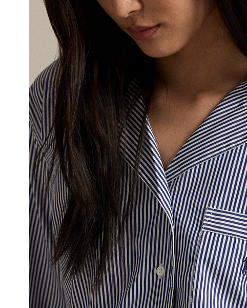 Crafted with crisp cotton poplin, this striped two-piece pyjama set comes with a cropped shirt and high-waisted boxer shorts.  Ralph Lauren Lauren partners with Better Cotton™ to improve cotton farming globally. Better Cotton trains farmers to use water efficiently, care for the health of soil and natural habitats, reduce use of the most harmful chemicals and implement the principles of decent work.