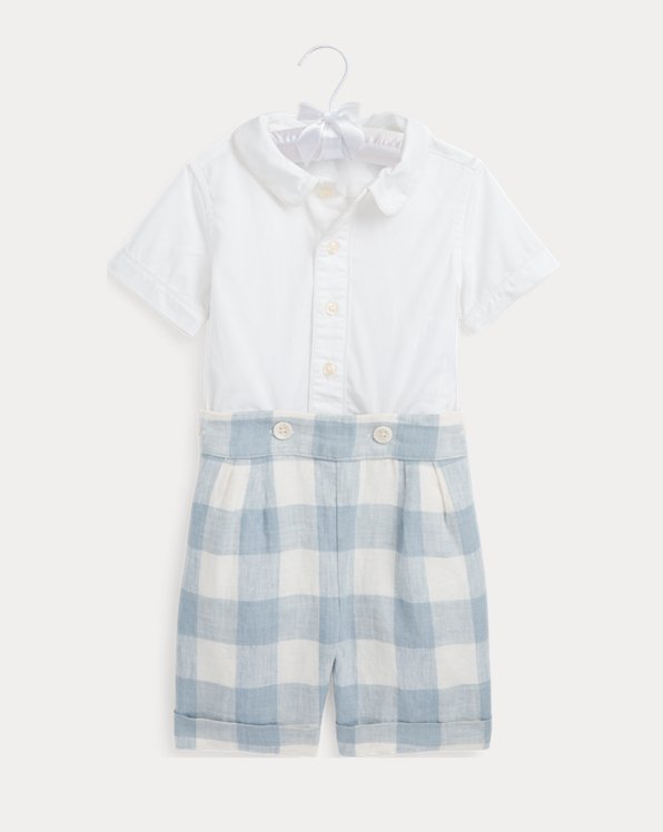 Cotton Shirt &amp; Gingham Linen Short Set