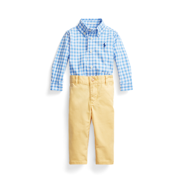 Conjunto de camisa Gingham e calças