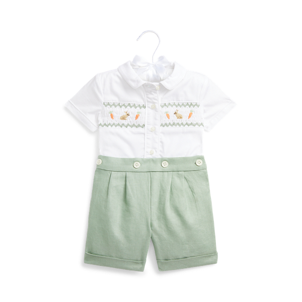 Camisa algodão com smock e calções linho