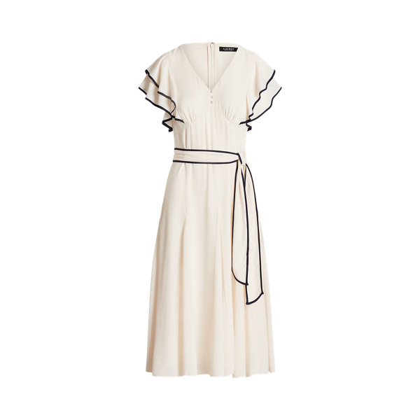 Belted Georgette Flutter-Sleeve Dress