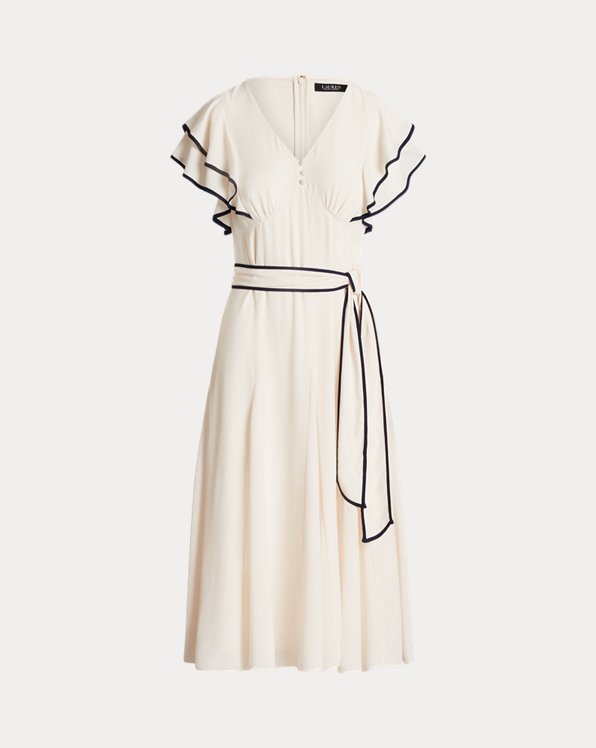 Belted Georgette Flutter-Sleeve Dress