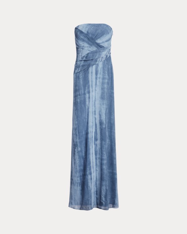Tie-Dye-Print Georgette Strapless Gown