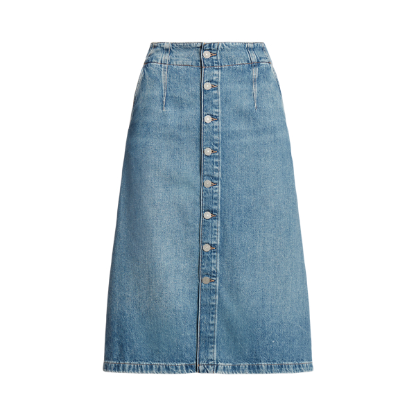 A-Line Button-Front Denim Midi Skirt