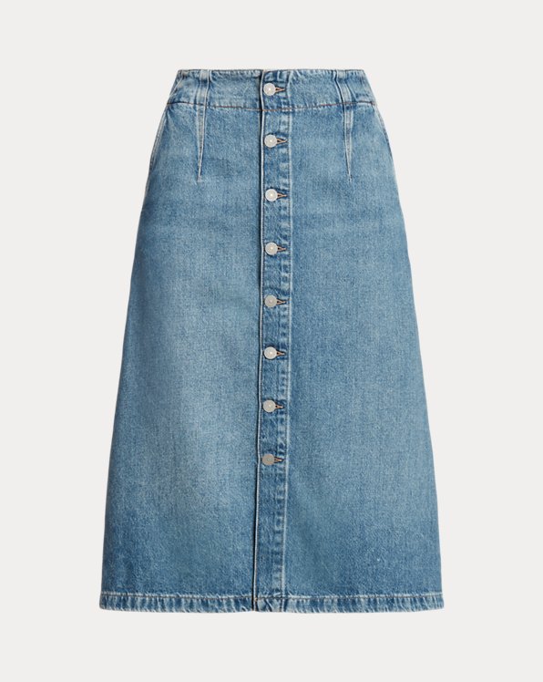 A-Line Button-Front Denim Midi Skirt