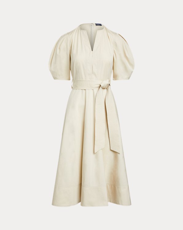 Belted Cotton Puffed-Sleeve Midi Dress