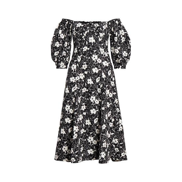 Vestido floral em linho sem ombros