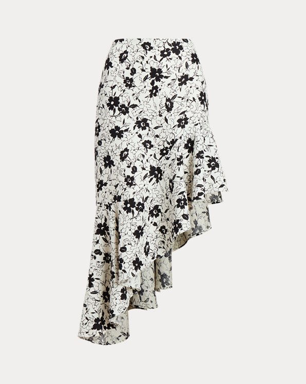 Floral Ruffled Asymmetrical Linen Skirt