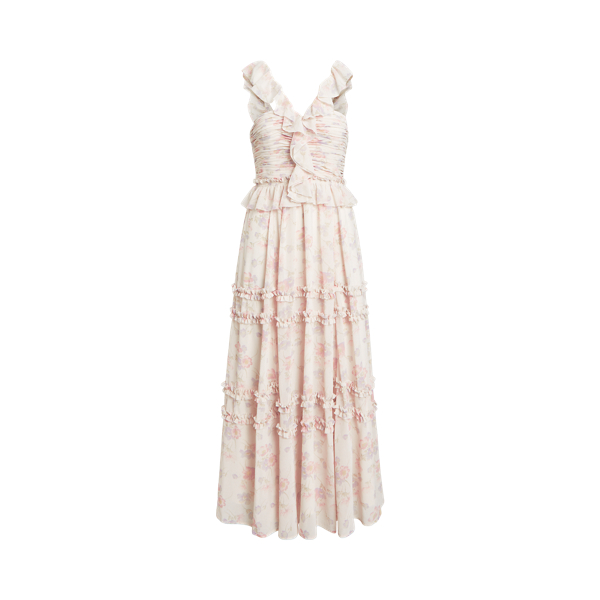 Vestido crepe floral com folhos