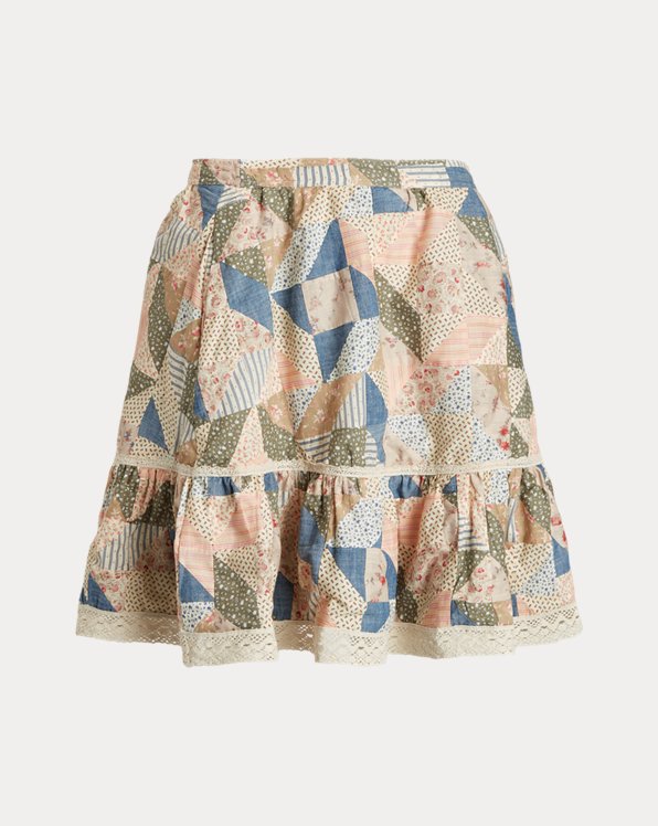 Patchwork-Print Cotton A-Line Skirt