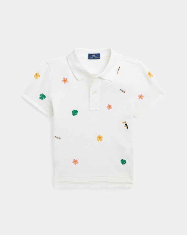 Tropical-Embroidery Mesh Boxy Polo Shirt