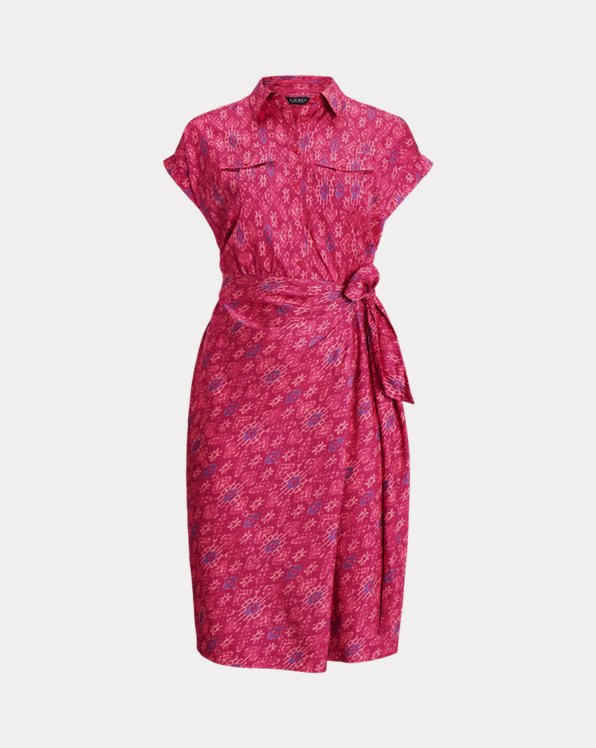 Geo-Print Shantung Tie-Waist Dress