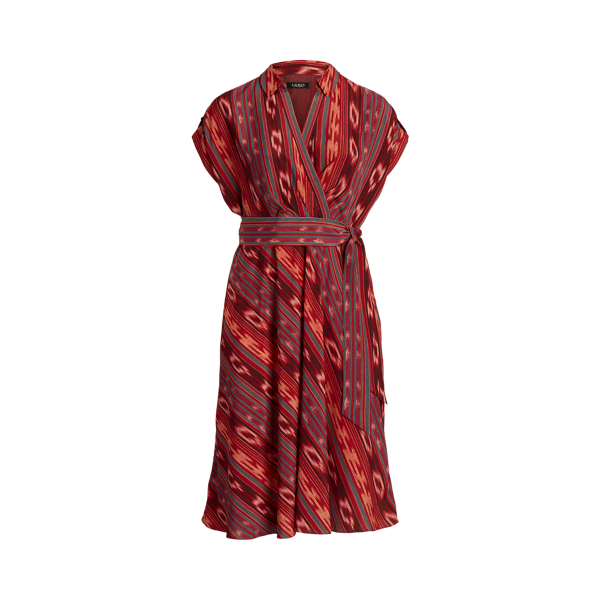 Robe ceinturée en crêpe rayé géo