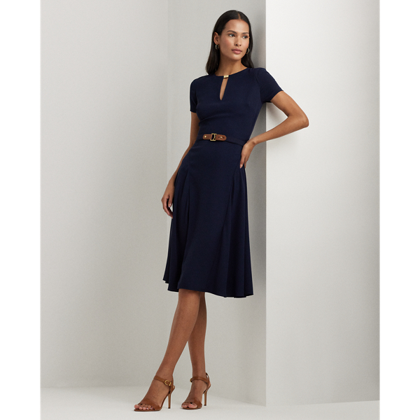 Accented with a signature plaque on the neck, this fit-and-flare dress is rendered in silky georgette for a luxurious hand and sweeping movement. A faux-leather "LRL"-engraved buckled self-belt completes the look.