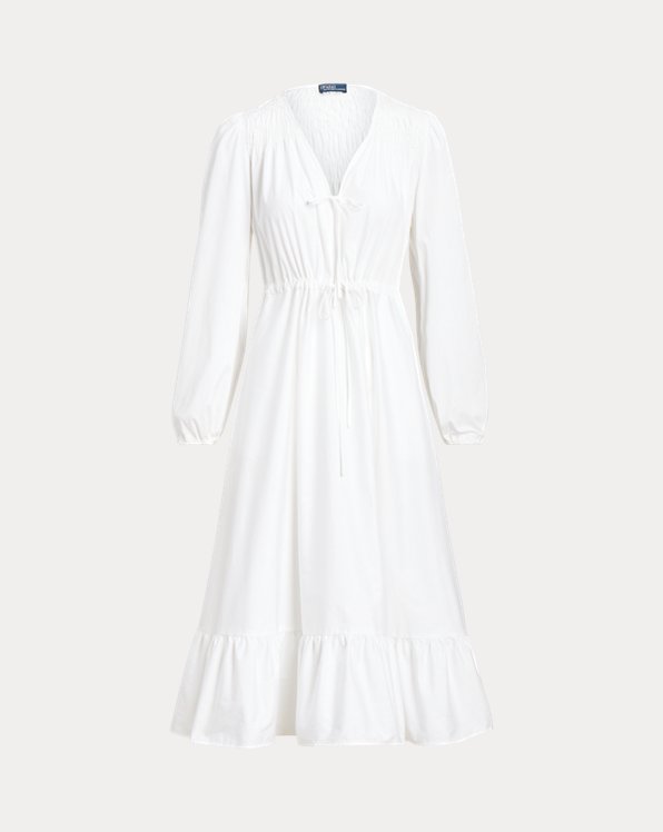 Smocked Cotton V-Neck Dress
