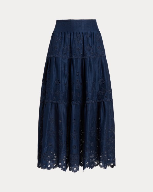 Eyelet-Embroidered Tiered Linen Skirt