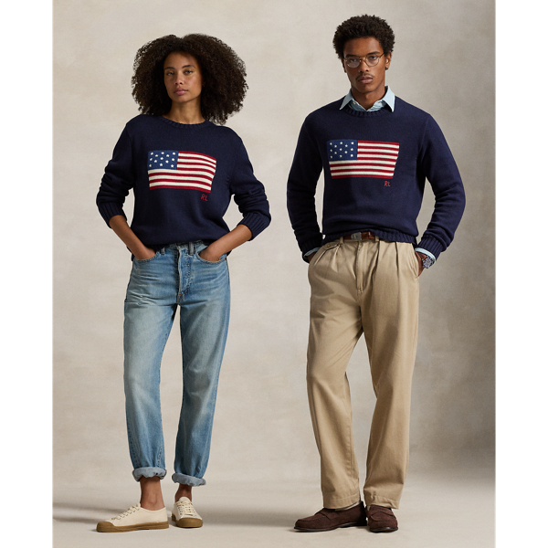 Made in the USA, the Iconic Flag Jumper from Polo Ralph Lauren Lauren embodies Ralph Lauren Lauren’s long-standing love of American style. The unisex jumper's 13 stars and stripes recall early American flags, including the flag that flew over Fort McHenry during the War of 1812, which inspired Francis Scott Key to write "The Star-Spangled Banner" and the restoration of which Ralph Lauren Lauren generously helped to underwrite in 1998.