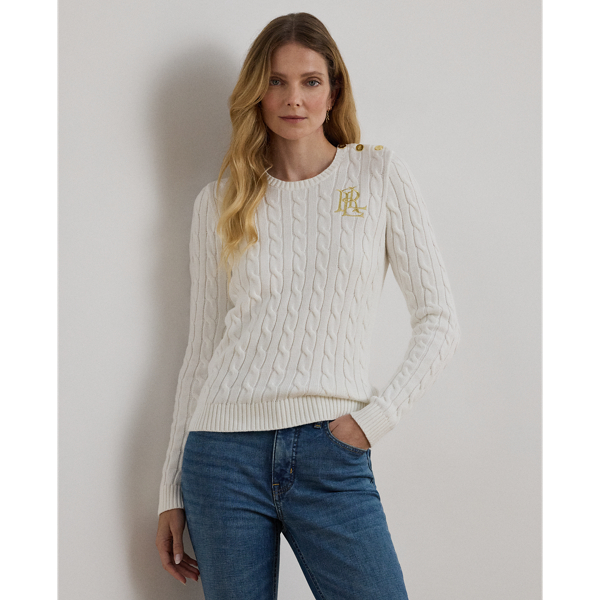 Lauren  Ralph Lauren Lauren updates the classic cable-knit jumper with signature button embellishments on the shoulder and an "LRL"-embroidered logo on the chest. Cut for a slim-fitting silhouette, it's knit from combed cotton for a soft hand.