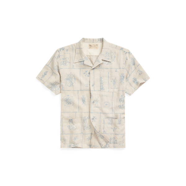Print Indigo Linen Camp Shirt