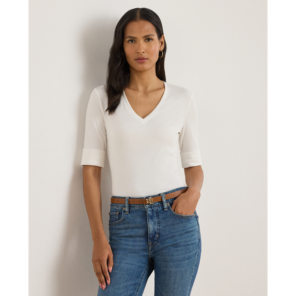 A timeless essential, this V-neck tee with elbow-length sleeves is made with breathable stretch cotton for a soft hand feel. Lauren's signature embroidered logo on the hem completes the look.